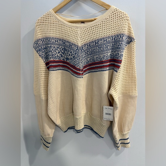 Free People Cream and Blue Knit Sweater
